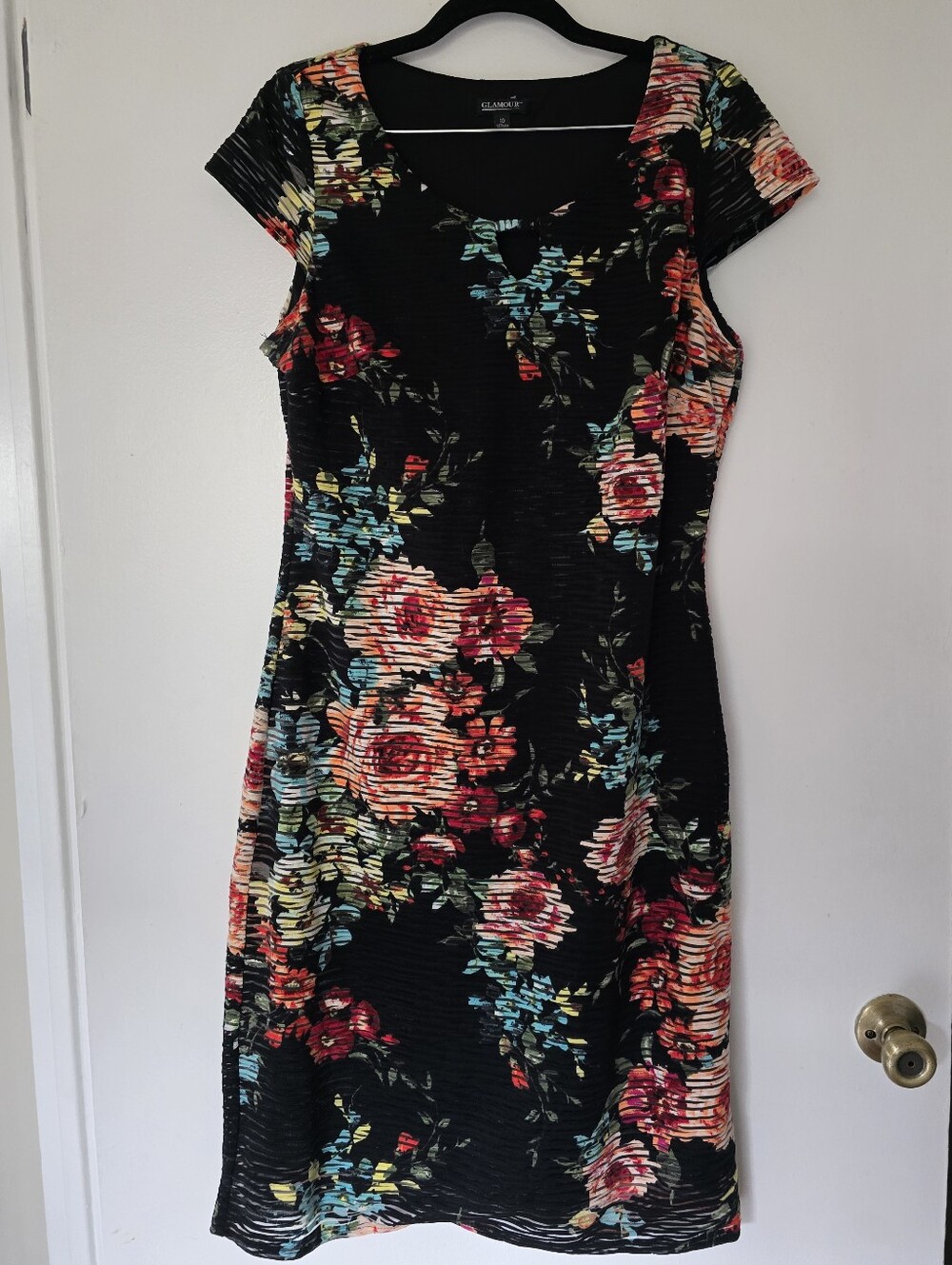 Glamour Black Floral Cap-Sleeve Sheath Dress Sz 10
